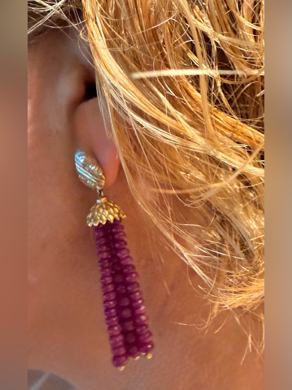 Ruby 22k Gold Earrings from India. Stunning Tassel Earrings - Women Jewelry - Picture 12 of 14